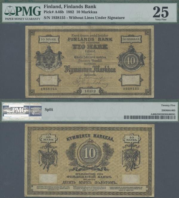 Finland: Finlands Bank 10 Markkaa 1882 without lines under signature, P.A46b, ti...