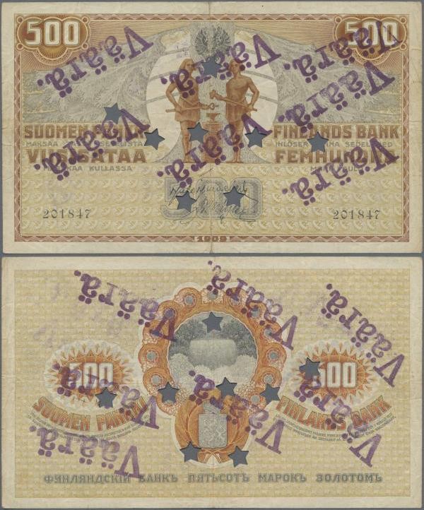 Finland: 500 Markkaa 1909, P.23 with star hole cancellation and several stamps ”...