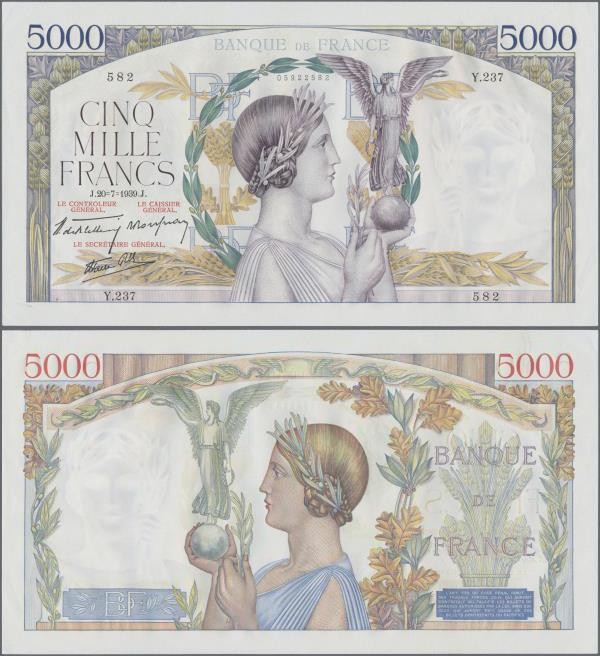 France: Banque de France 5000 Francs 1939, P.97a, almost perfect with a tiny din...