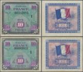 France: Pair of the 10 Francs 1944 Allied Forces REPLACEMENT notes with large letter ”X” instead of the block number, P.116r in VF and VF+ condition. ...