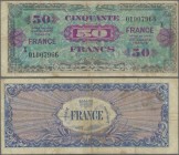 France: 50 Francs 1944 Allied Forces REPLACEMENT note with large letter ”X” instead of the block number, P.122ar, stained and toned paper with a few f...