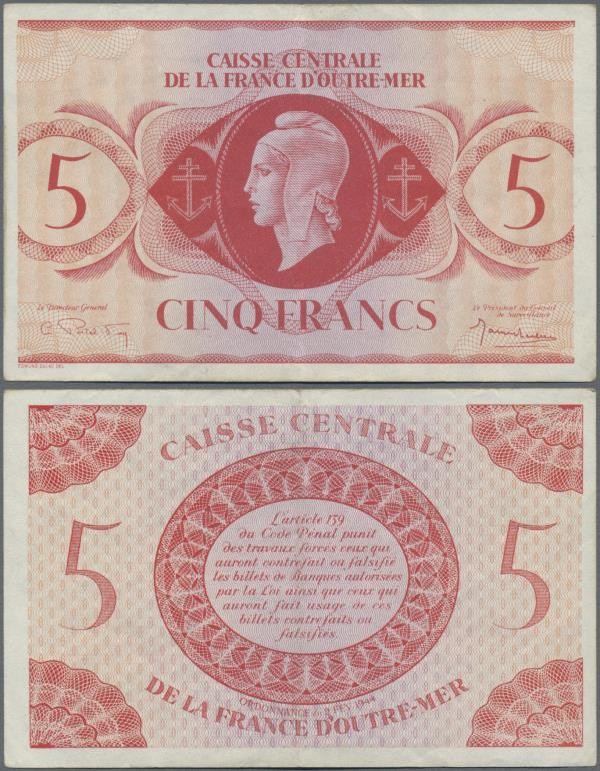 French Equatorial Africa: Caisse Centrale de la France d'Outre-Mer 5 Francs 1944...