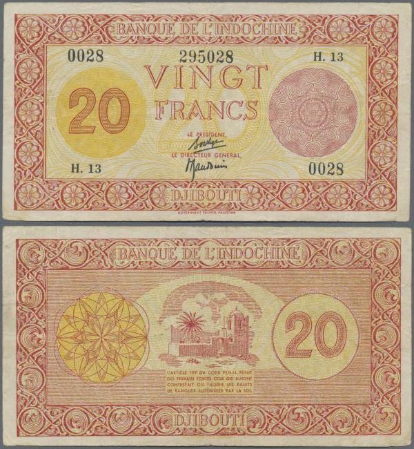 French Somaliland: Banque de l'Indochine – Djibouti/French Somaliland 20 Francs ...