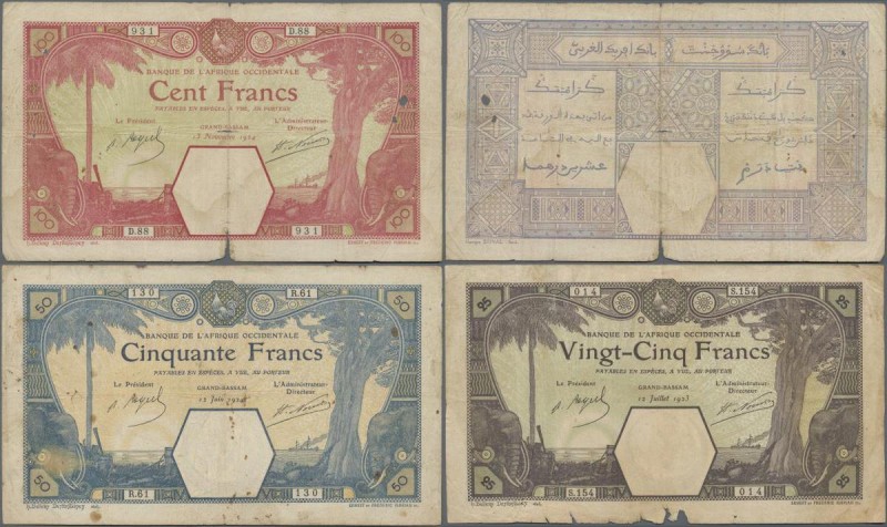 French West Africa: Banque de l'Afrique Occidentale set with 3 banknotes 25, 50 ...