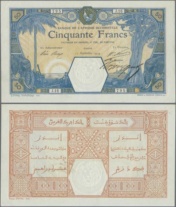 French West Africa: 50 Francs 1919 DAKAR P. 9Ba, very rare early date in excepti...