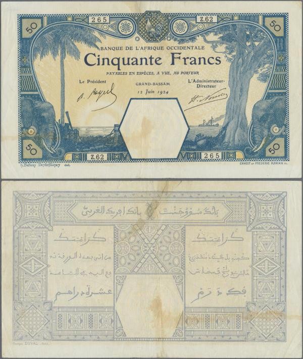 French West Africa: 50 Francs 1924 GRAND-BASSAM P. 9Db, only light folds, a 2cm ...