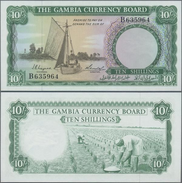 Gambia: The Gambia Currency Board 10 Shillings ND(1965-70), P.1 in perfect UNC c...