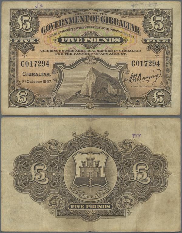 Gibraltar: Highly rare set with 12 banknotes 5 Pounds 1927, P.13, first issue of...