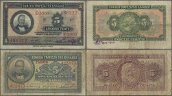 Greece: Pair of the 5 Drachmai 1923 printer BWC first series P.70 (F-) and 5 Drachmai 1923 second series P.73 (F). (2 pcs.)
 [differenzbesteuert]
