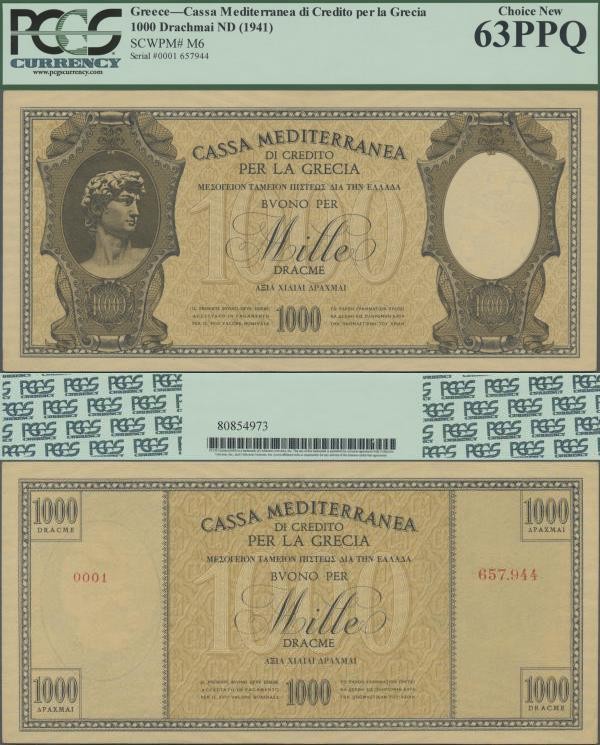 Greece: Cassa Mediterranea per la Grecia 1000 Drachmai ND(1941), P.M6, almost pe...