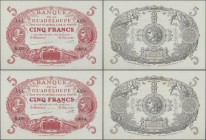 Guadeloupe: Banque de la Guadeloupe consecutive pair of 5 Francs with serial numbers H.276 353 and H.276 354, P.7d, both unfolded with just a few tiny...