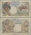Guadeloupe: Caisse Centrale de la France d'Outre-Mer 50 Francs ND(1947-49), P.34, rusty spots and tiny pinholes at center. Condition: F-/F
 [differen...