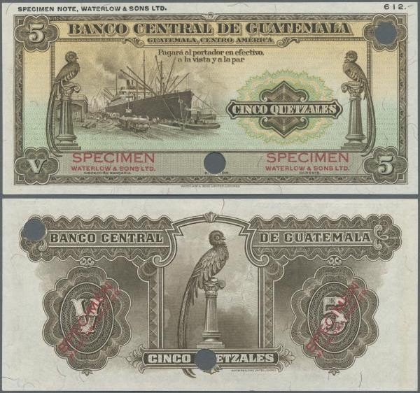 Guatemala: Banco Central de Guatemala 5 Quetzales 1934-45 SPECIMEN by Waterlow &...