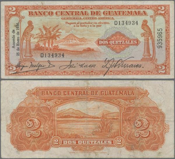 Guatemala: Banco Central de Guatemala 2 Quetzales 1936, printed by Thomas de la ...