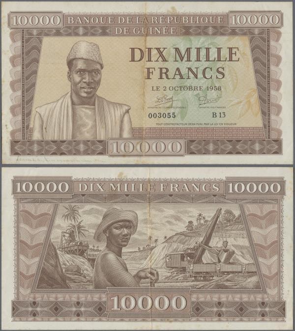 Guinea: Banque de la République de Guinée 10.000 Francs 1958, P.11, highest deno...