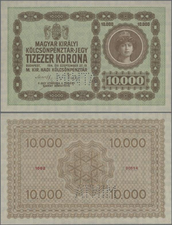 Hungary: Royal Hungarian War Loan Bank 10.000 Korona 1914 SPECIMEN, P.3s with pe...