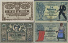 Hungary: Hungarian Post Office Savings Bank, set with 13 banknotes comprising 2x 5 Korona 1919 P.34 (one as a propaganda note) (F, VF), 2x 5 Korona 19...