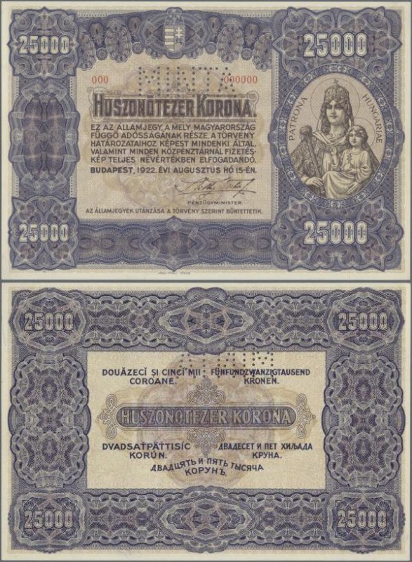 Hungary: Ministry of Finance 25.000 Korona 1922 SPECIMEN, P.69s with perforation...