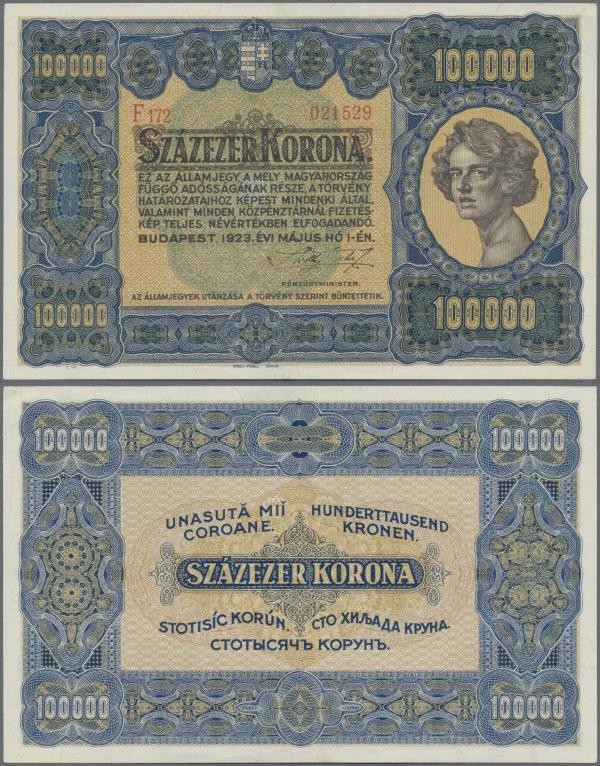 Hungary: Ministry of Finance 100.000 Korona 1923, P.72a, very popular banknote i...