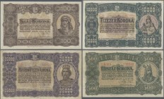 Hungary: Ministry of Finance, set with 11 banknotes comprising 2x 100 Korona P.73a,b (UNC, VF+), 2x 500 Korona P.74a,b (VF, F+), 2x 1000 Korona P.75a,...