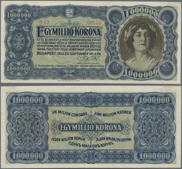 Hungary: Ministry of Finance 1 Million Korona 1923, P.80a, very popular and rare...
