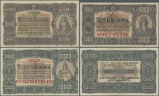 Hungary: Ministry of Finance, set with 3 banknotes of the ND(1925) series after the Currency Reform with 1000 Korona with red overprint 8 Filler P.81b...