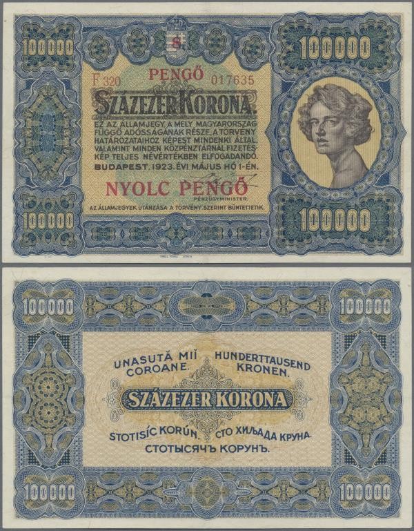 Hungary: Ministry of Finance 8 Pengö overprint on 100.000 Korona ND(1925), P.86a...