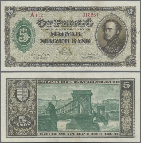Hungary: Magyar Nemzeti Bank 5 Pengö 1926, P.89, great condition with strong pap...