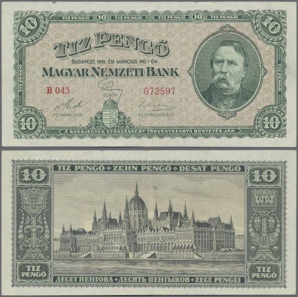 Hungary: Magyar Nemzeti Bank 10 Pengö 1926, P.90, very nice with stronger vertic...