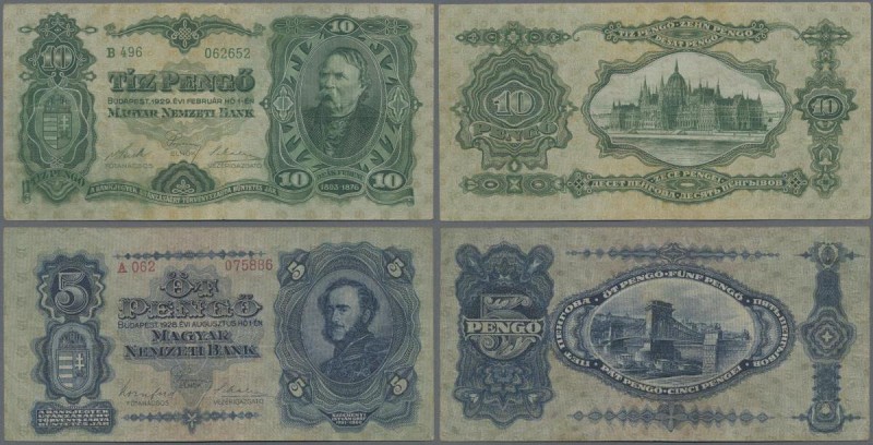 Hungary: Pair with 5 and 10 Pengö 1928/29, P.95, 96, both in nicely VF condition...