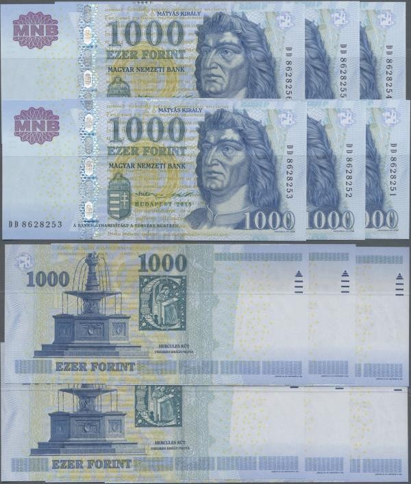 Hungary: Consecutive set with 6 banknotes 1000 Forint 2015, P.197e with serial n...