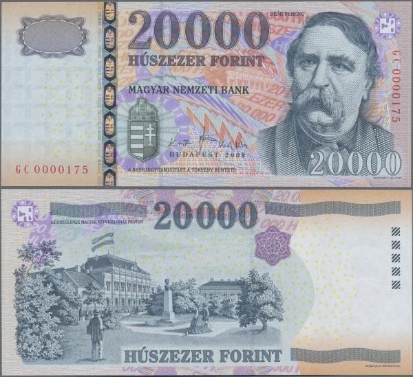 Hungary: 20.000 Forint 2008, P.201a with low serial number GC0000175 in UNC cond...