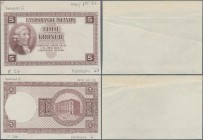 Iceland: Landsbanki Íslands front and reverse proof of the 5 Kronur L.1928 P.27 for type with printers annotations at upper and lower margin with hand...