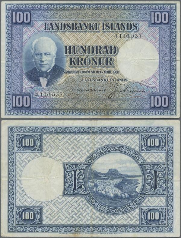 Iceland: Landsbanki Íslands 100 Kronur L. 15.04.1928, P.35a, still nice with a f...