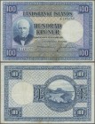 Iceland: Landsbanki Íslands 100 Kronur L. 15.04.1928, P.35a, still nice with a few folds and minor spots. Condition: VF
 [differenzbesteuert]