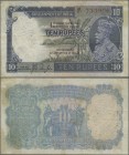 India: 10 Rupees ND sign. Taylor, portrait KGV P. 16a, used with several folds in paper, some light stain traces in paper, pinholes, original colors, ...