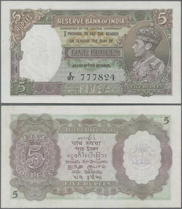 India: 5 Rupees ND(1937) with signature: Taylor, P.18a, without pinholes, just a...