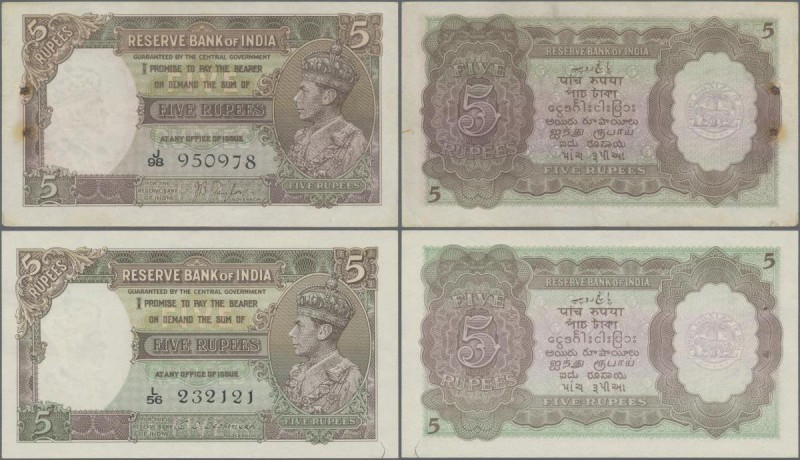 India: set of 2 notes of 5 Rupees ND portrait KGIV P. 18a,b in condition: XF+ to...