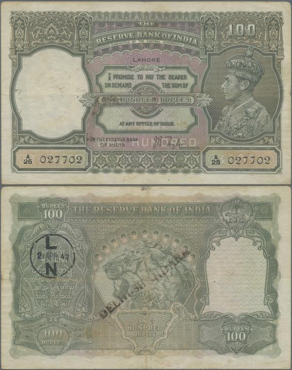 India: 100 Rupees ND(1930) portrait KGIV P. 20, LAHORE issue, used with folds an...