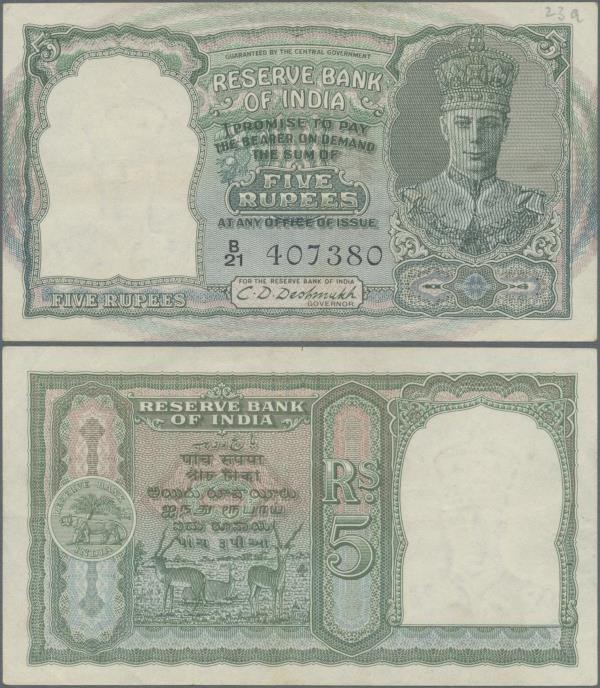 India: 5 Rupees ND(1943) P. 23a, light folds in paper, black serial number, usua...