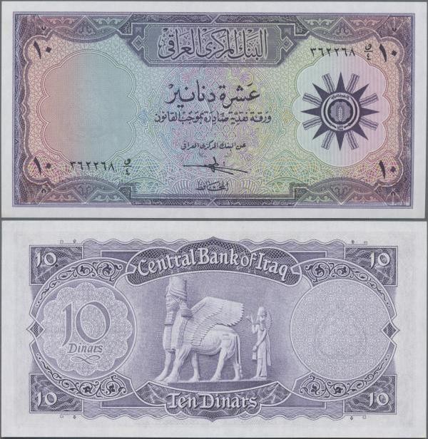 Iraq: Central Bank of Iraq 10 Dinars ND(1959), P.55 in perfect UNC condition.
 ...