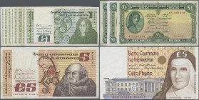 Ireland: Lot with 13 banknotes 1967 – 1995 including 3x 1 Pound Lady Lavery P.64 (F/F+), 8x 1 Pound 1977-89 P.70 (F to VF), 5 Pounds 1976 P.71b (F+) a...