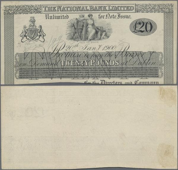 Ireland: The National Bank Limited 20 Pounds 1900 uniface front proof, P.NL with...