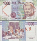 Italy: Banca d'Italia 1000 Lire 1990 SPECIMEN, P.114s with red overprint ”Campione” on front and ”Specimen” on back, serial number AA000000A and black...