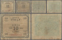 Italy: Allied Military Currency set with 3 banknotes 10 Lire series 1943, replacement notes with serial numer *00071573A, *00216191A and *00591713A, P...