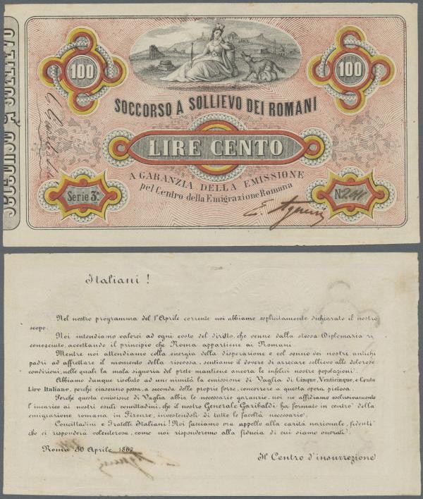 Italy: Soccorso a Sollievo dei Romani 100 Lire ND(1867) P. NL, crisp original wi...