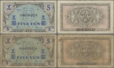 Japan: Allied Military Command set with 2x 5 Yen ND(1945), letter ”B” in underprint with serial number H00126357A and H00072077A, replacement notes, P...