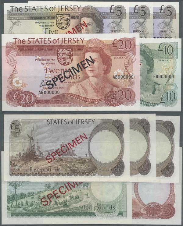 Jersey: set with 5 Specimen notes of the 1970's/80's series containing 5 Pounds ...