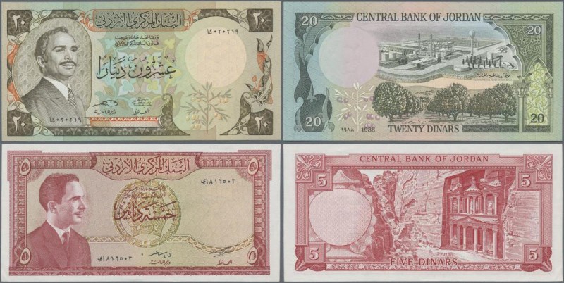 Jordan: Pair with 5 Dinars ND(1960's) P.15b (UNC) and 20 Dinars ND(1988) P.21c (...