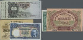 Latvia: Highly rare set with 8 banknotes containing 100 Rubli 1919 serial number U153075 P.7f (XF+), 10 Rubli 1919 Serija Be151499 P.10b (UNC), 50 Lat...